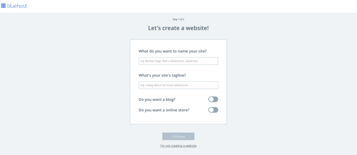 image of bluehost create a site name and tagline