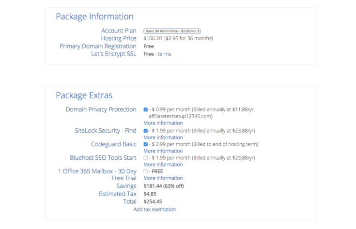 image of bluehost package options