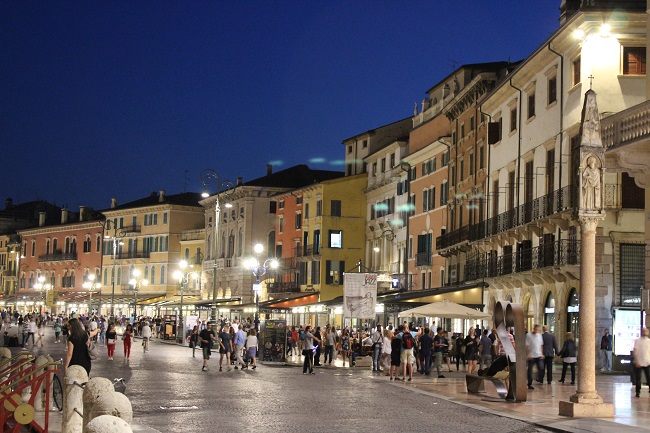 family trip to europe - verona piazza bra at night