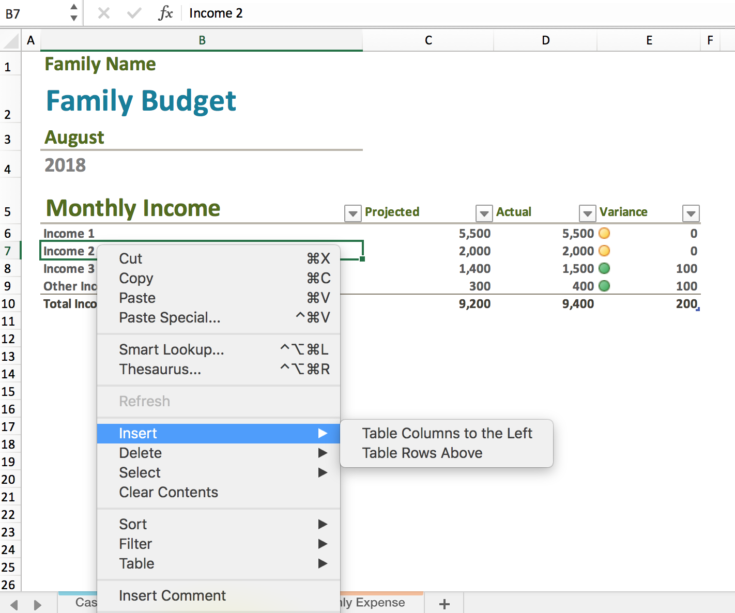 Example of customizing budget spreadsheet