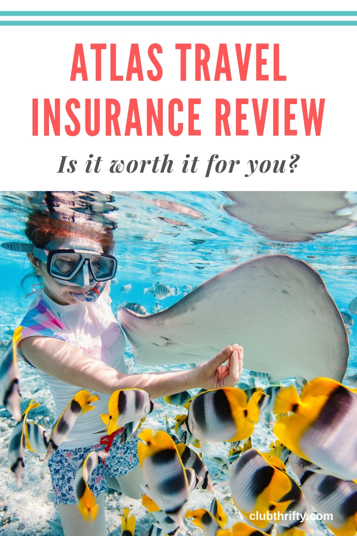 Atlas Travel Insurance Review Pin - picture of woman snorkeling with ray and colorful fish