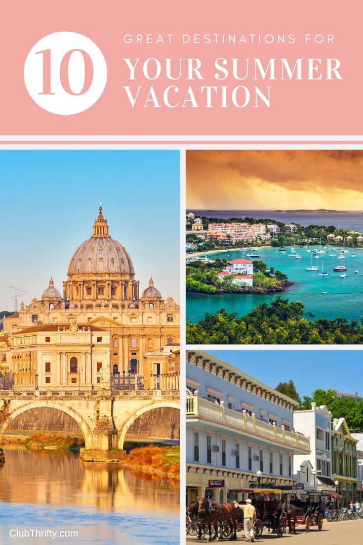 Great Summer Destinations Pin - pictures of Rome, Caribbean, and Michigan