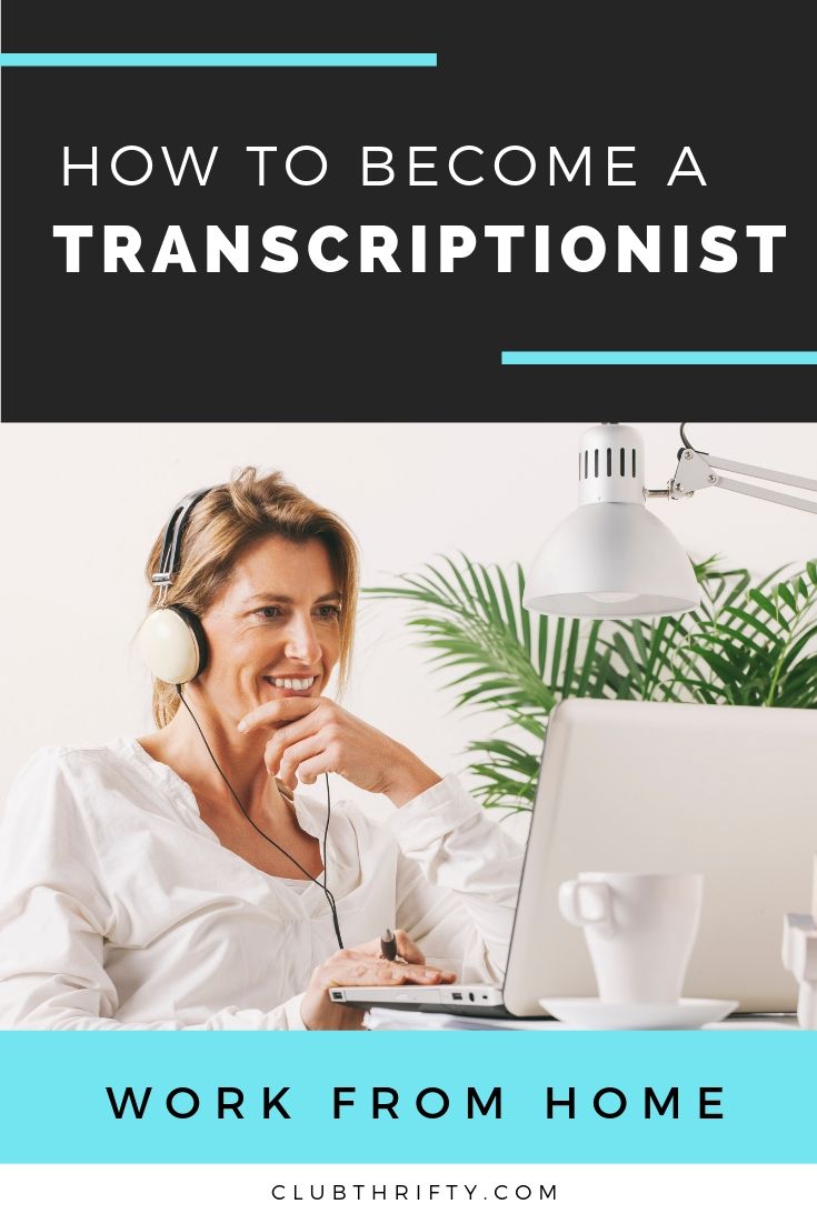 How to Become Transcriptionist Pin - picture of woman at desk with laptop and headphones