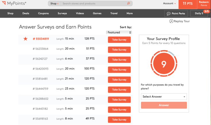 MyPoints Screenshot of Available Surveys