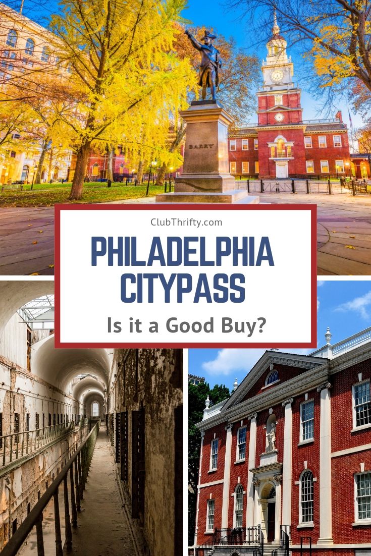 Philadelphia CityPASS Review Pin - pictures of Independence Hall, Eastern State Penitentiary, and Franklin Institute