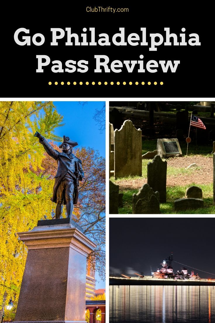 Go Philadelphia Pass Pin - pictures of Independence Hall, Christ Church Cemetery, and Battleship New Jersey