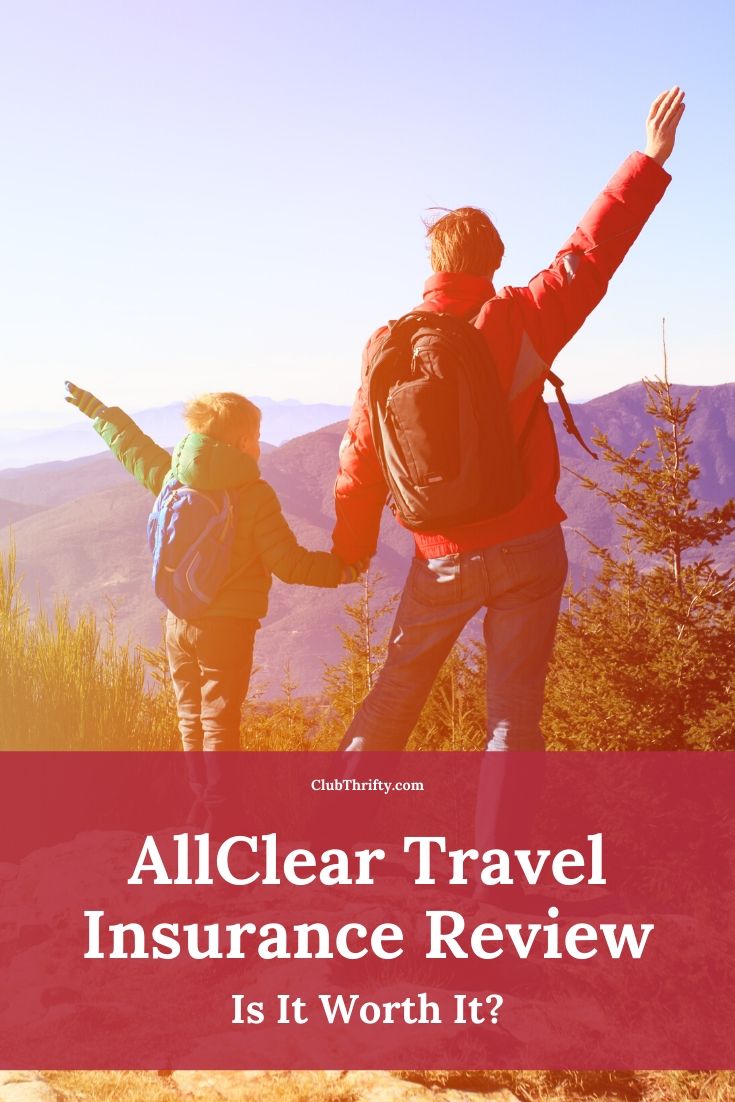 AllClear Travel Insurance Review Pin - picture of father and child at top of mountain