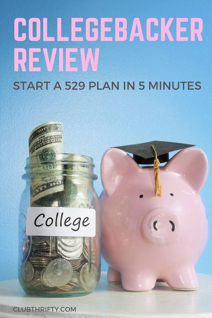 CollegeBacker Review Pin - picture of piggy bank with graduation hat next to jar of college money