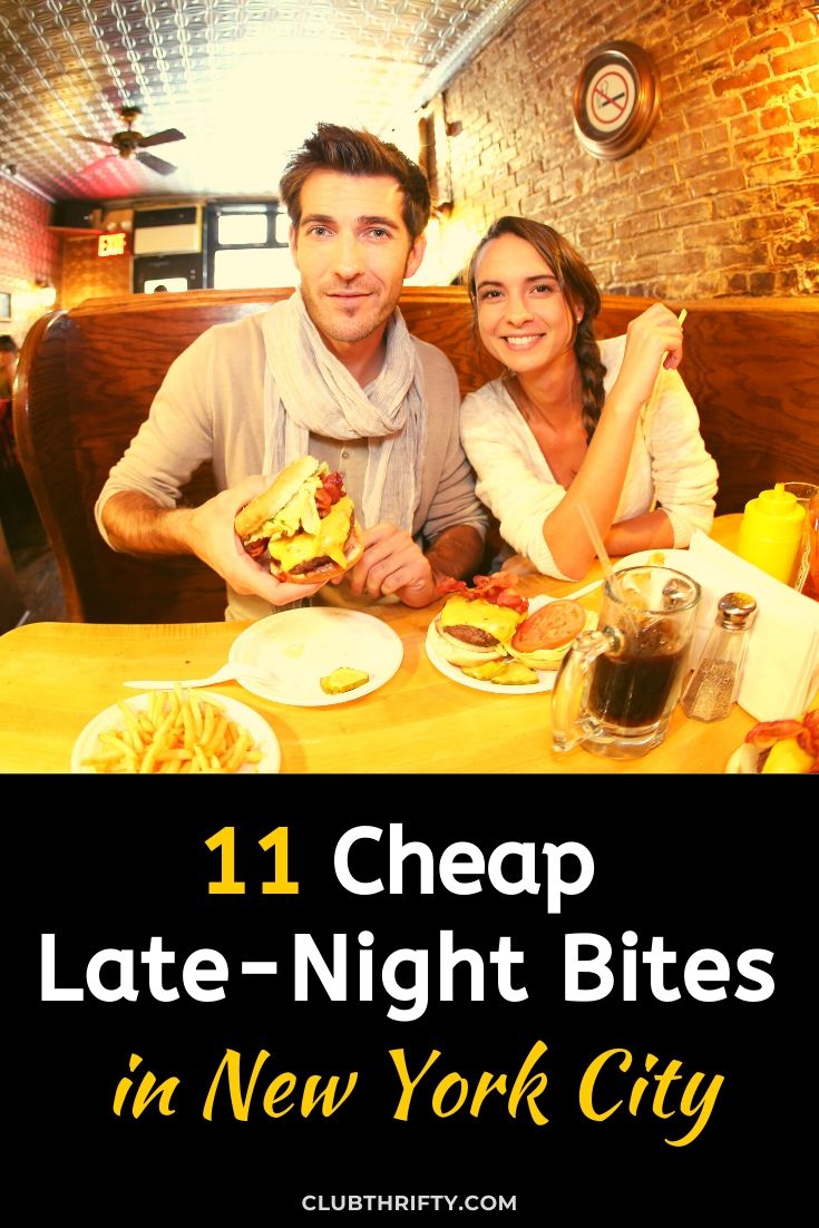 Late-Night Dining in NYC Pin - Couple eating burgers and fries in NYC restaurant