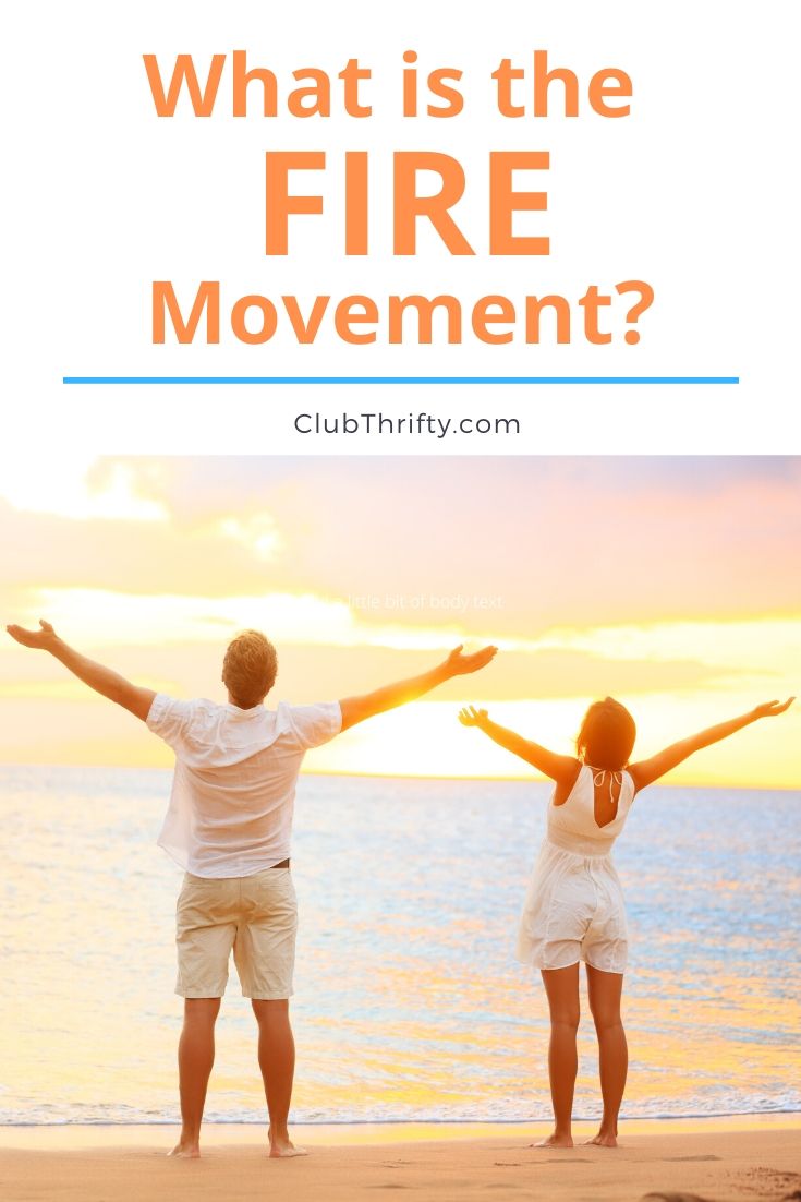 What is FIRE movement Pin - picture of couple at beach at sunset with outstretched arms