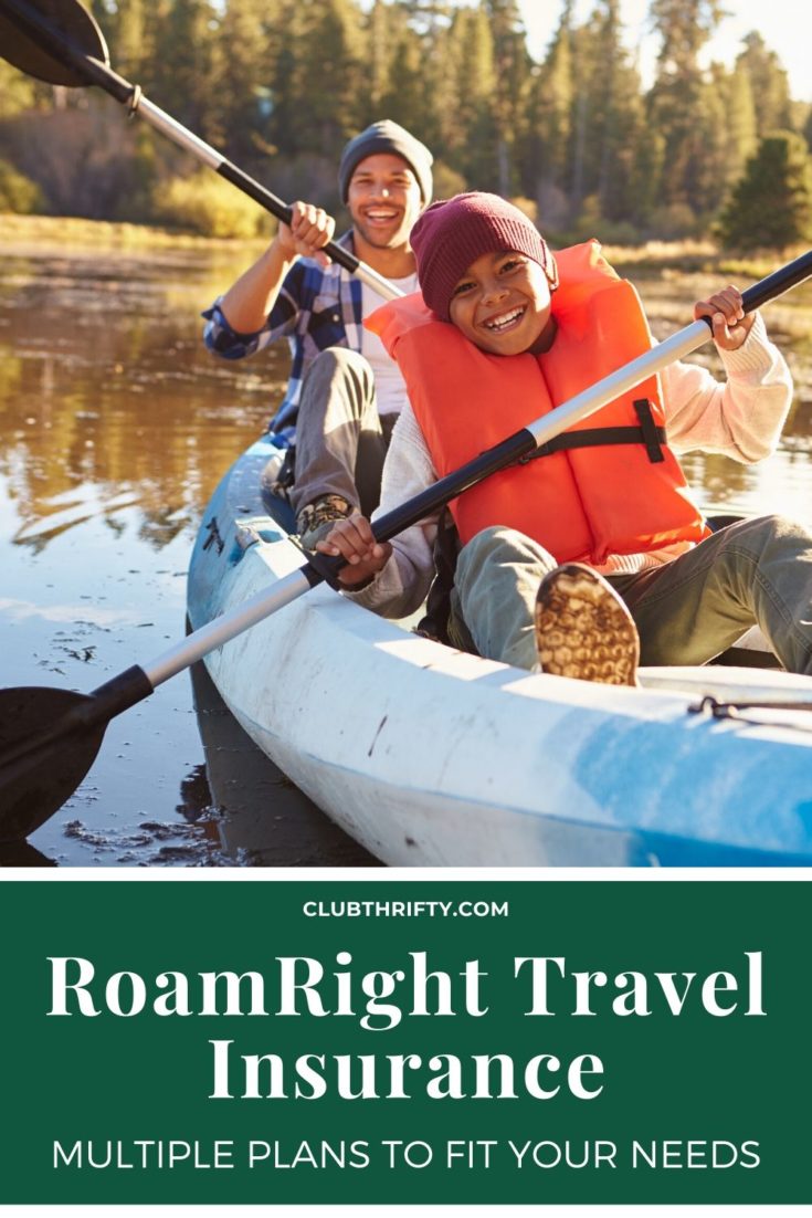 RoamRight Travel Insurance Review Pin - picture of father and son kayaking