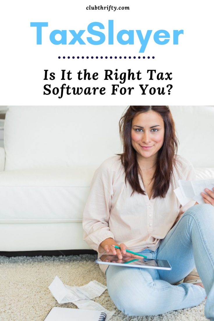 TaxSlayer Review Pin - picture of young brunette on the floor working on taxes