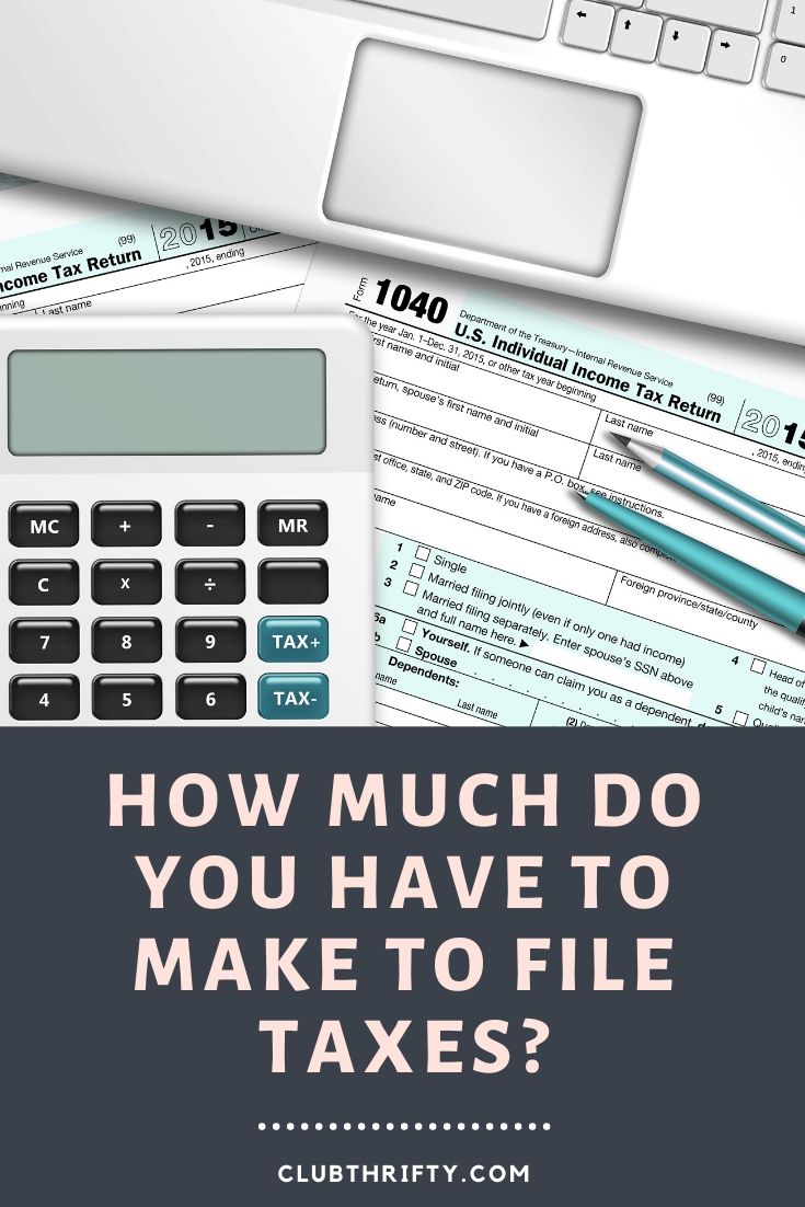 When to File Taxes Pin - picture of calculator, laptop, and 1040 on a desk