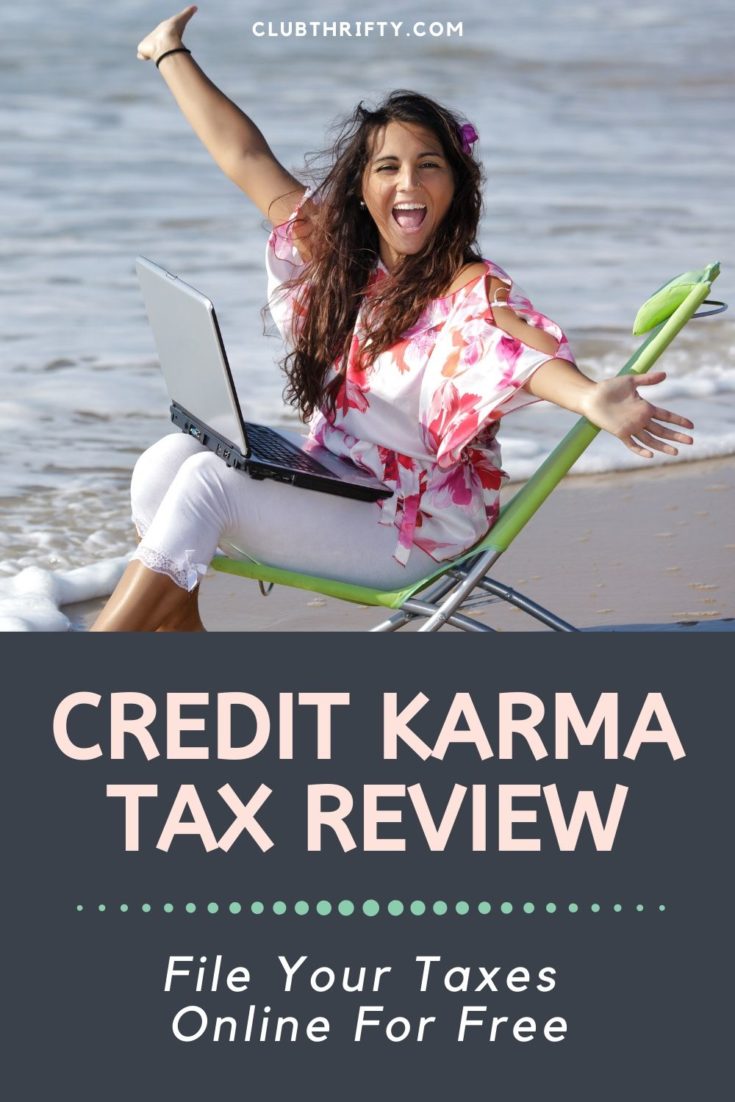 Credit Karma Tax Review Pin - picture of woman in chair in ocean with laptop and cheering