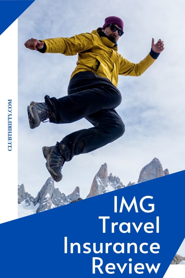 IMG Travel Insurance Review Pin - picture of man jumping in air on mountain top