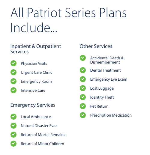 Summary of what all Patriot International Travel Medical plans include