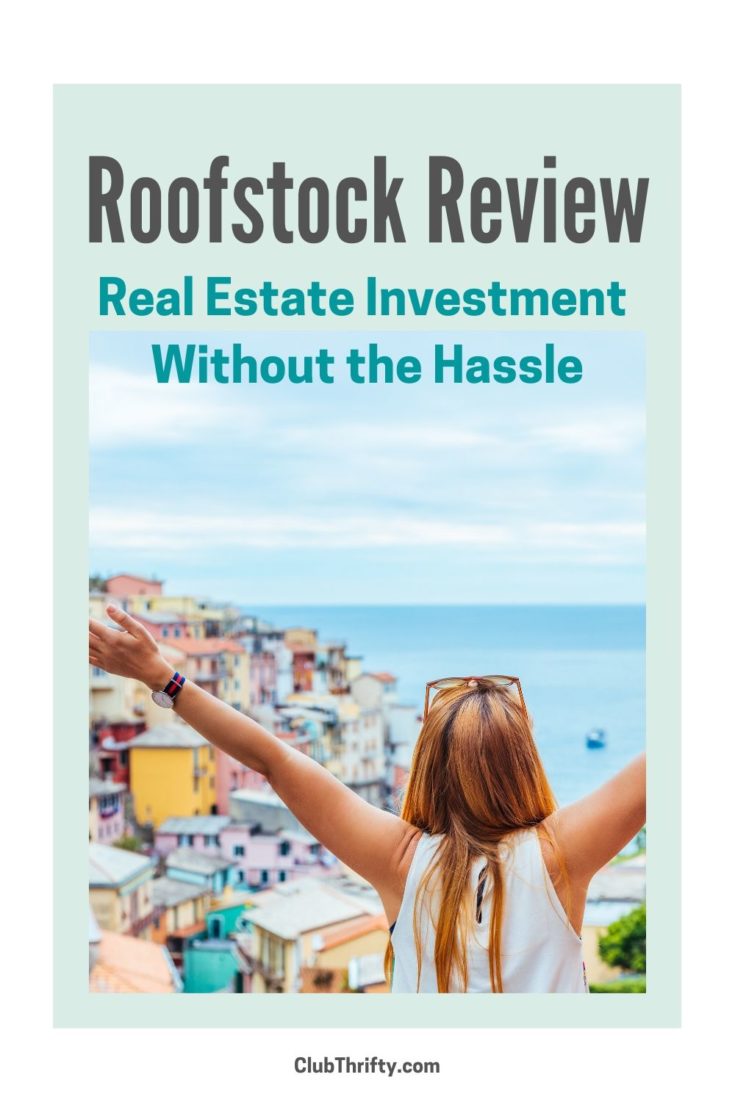 Roofstock Review Pin - picture of young woman overlooking city on water with arms raised