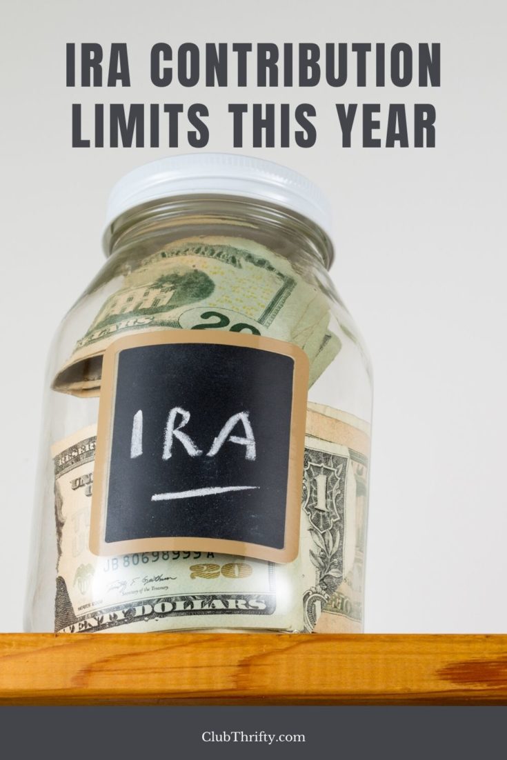 IRA Contribution Limits Pin - picture of glass jar with money inside and IRA label