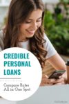 Credible Personal Loans Review Pin - picture of young woman smiling at her phone