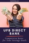 UFB Direct Bank Review Pin - picture of young woman holding out fistfuls of cash