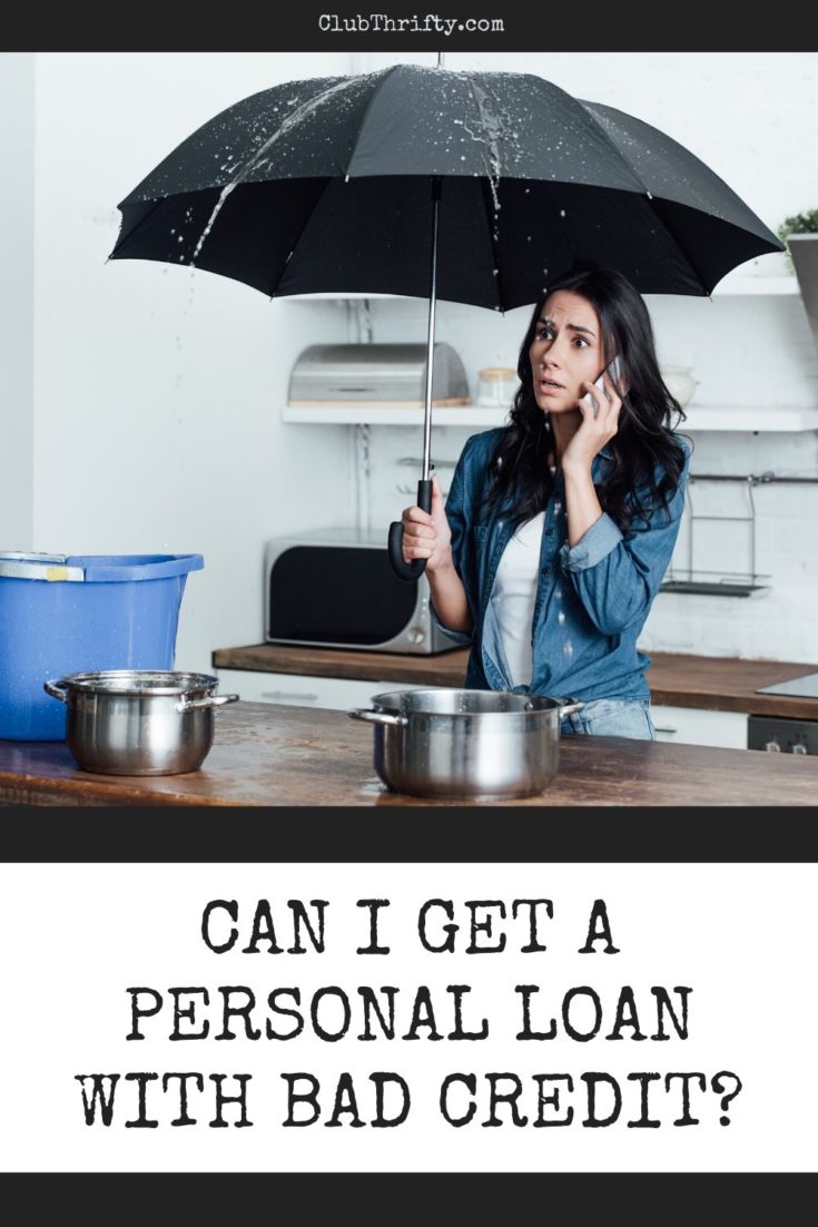 Can I Get a Personal Loan with Bad Credit Pin - picture of woman on phone holding umbrella over kitchen counter with water pouring down from ceiling
