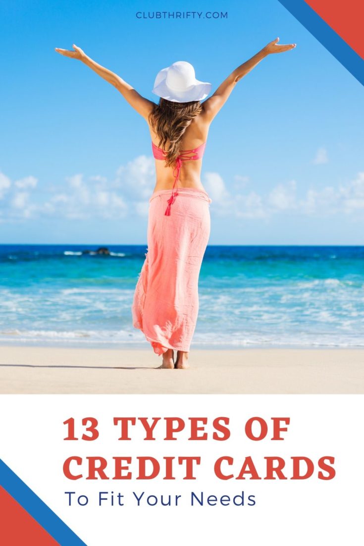 Types of Credit Cards Pin - picture of back of woman with arms raised overlooking ocean