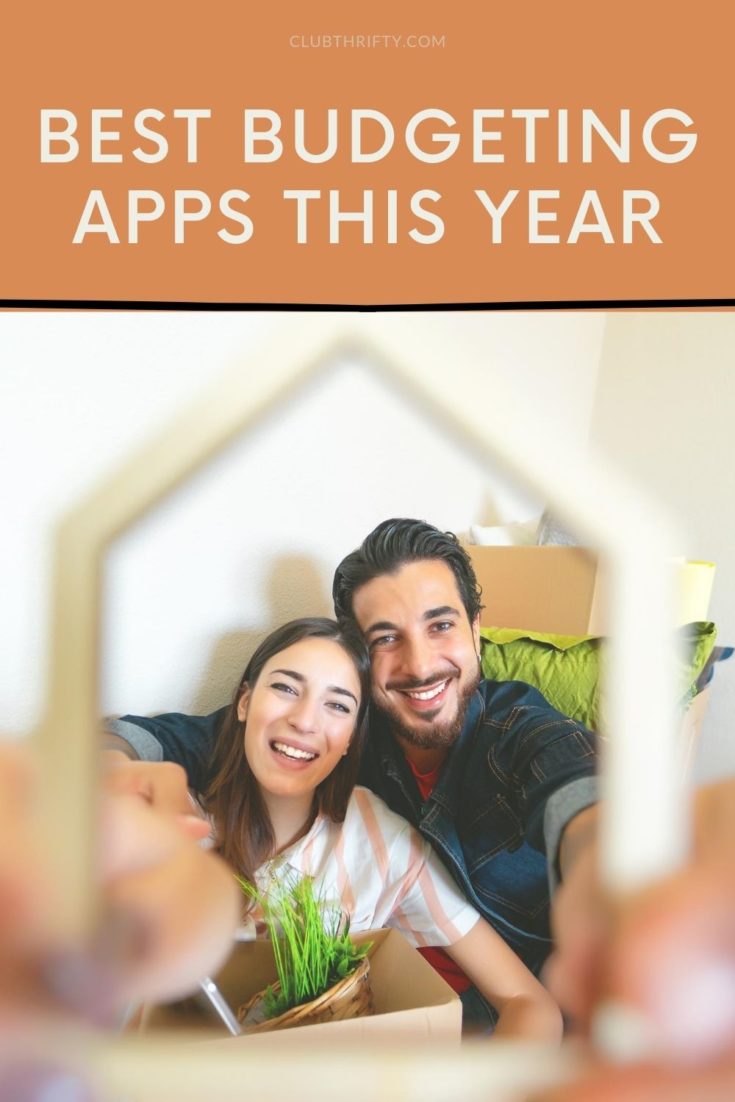 Best Budgeting Apps Pin - picture of couple holding up frame shaped like a house in front of them