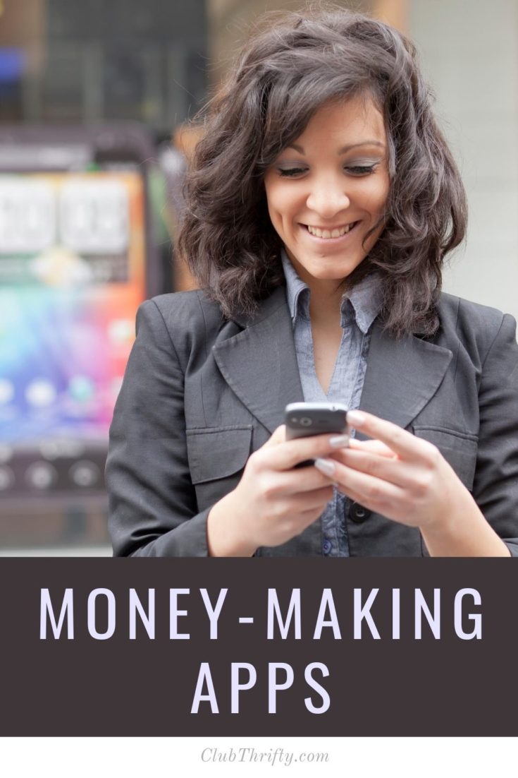 Money-Making Apps Pin - picture of brunette woman smiling at phone