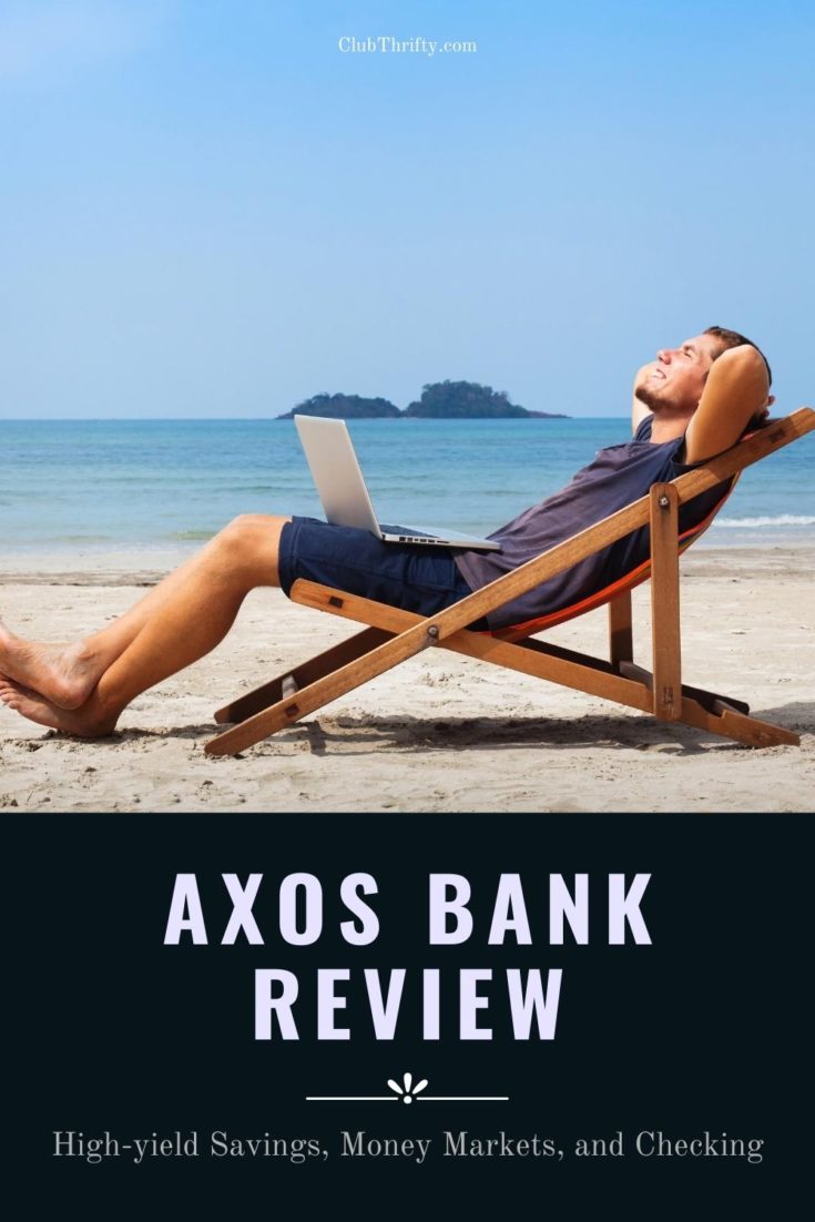 Axos Bank Review Pin - picture of man relaxing at beach in chair with laptop in lap