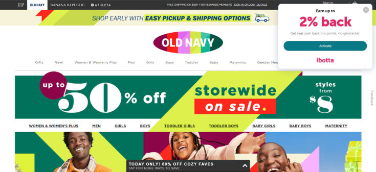 Screenshot of Old Navy with Ibotta Browser Extension